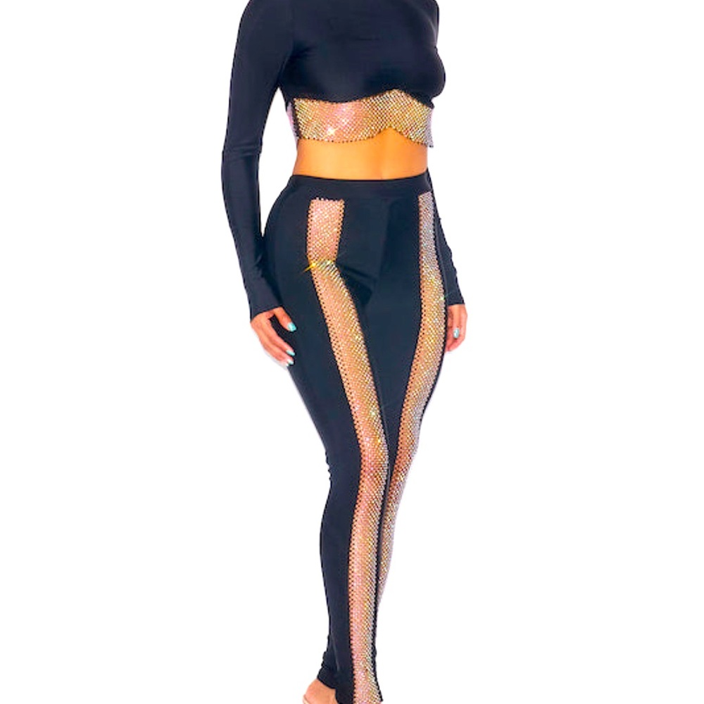 Boutique Glam Rhinestone 2 Piece Black Pant Set - Size M. Fitted Satin M…NEW